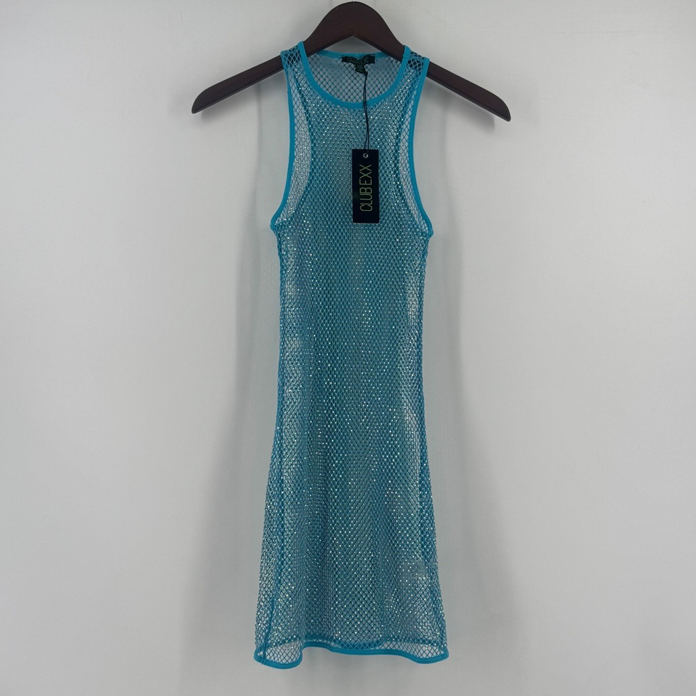 Club Exx Turquoise Blue Rhinestone Mesh Mini Dress Festival Rave XS NEW